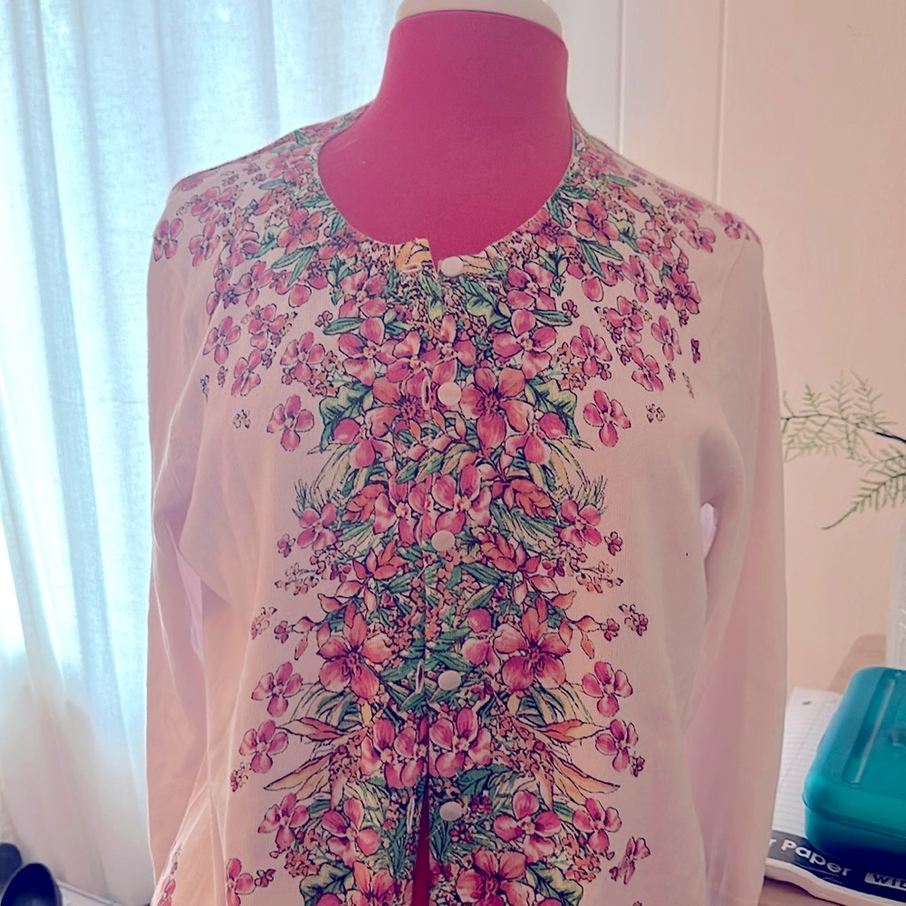 Talbots Brand new, light weight, pink floral cardigan sweater.